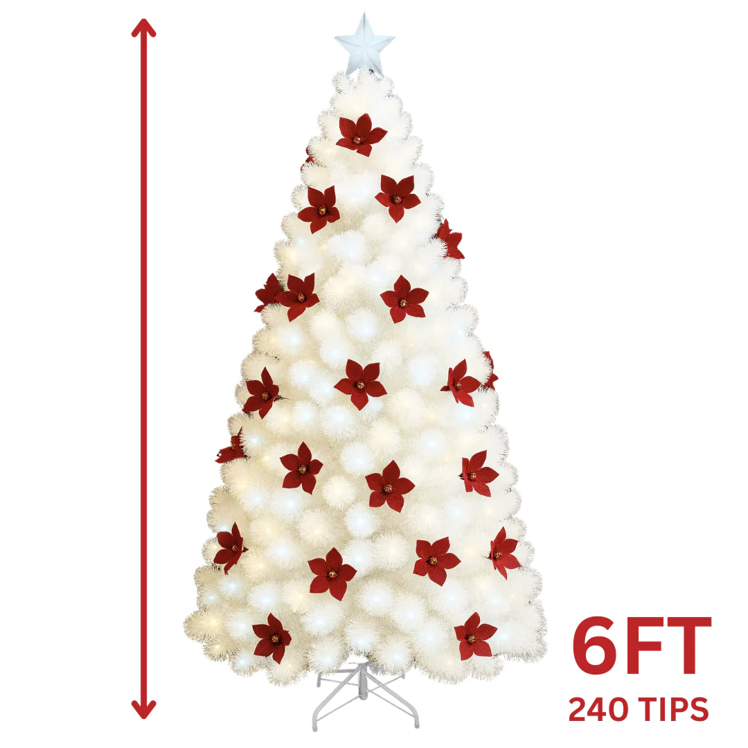 6FT Artificial Christmas Tree with Lights 240 Tips – White with Poinsettias, Green with Bows, or Green with Pinecones (AA2024-11-0903 / 0904 / 0905) - Image 2