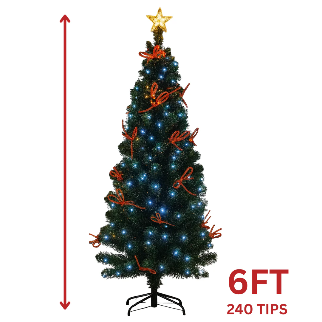 6FT Artificial Christmas Tree with Lights 240 Tips – White with Poinsettias, Green with Bows, or Green with Pinecones (AA2024-11-0903 / 0904 / 0905) - Image 3