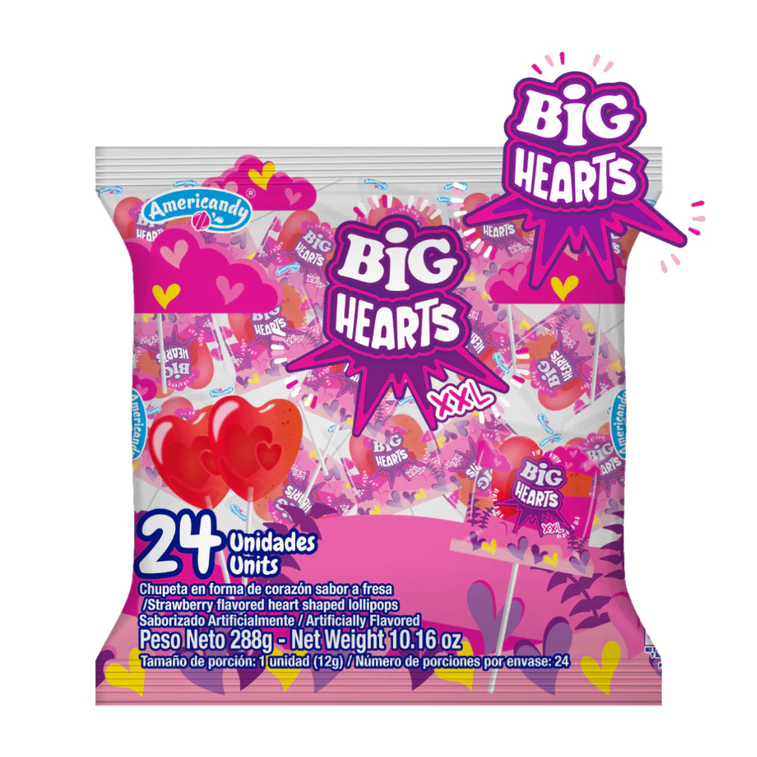 Americandy Big Hearts XXL Strawberry Heart Lollipops (24ct)