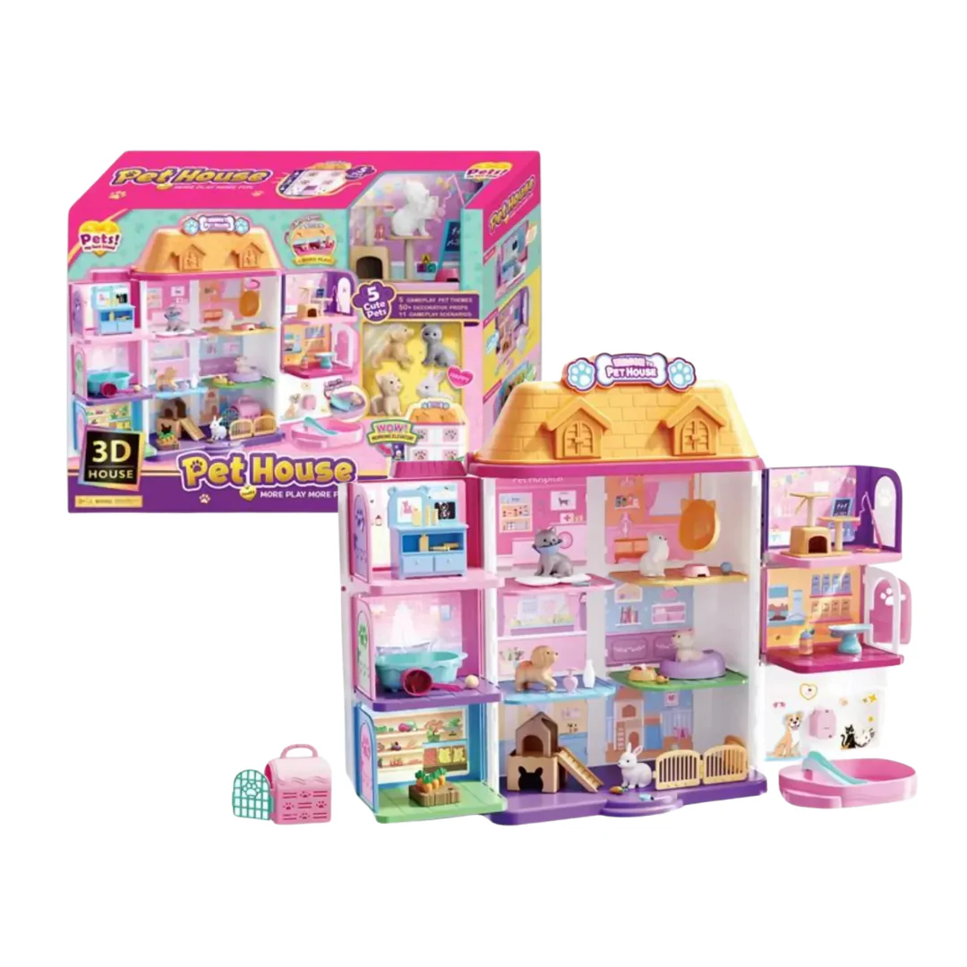 Pet House Playset with 5 Pets & 50+ Accessories (3D Dollhouse)